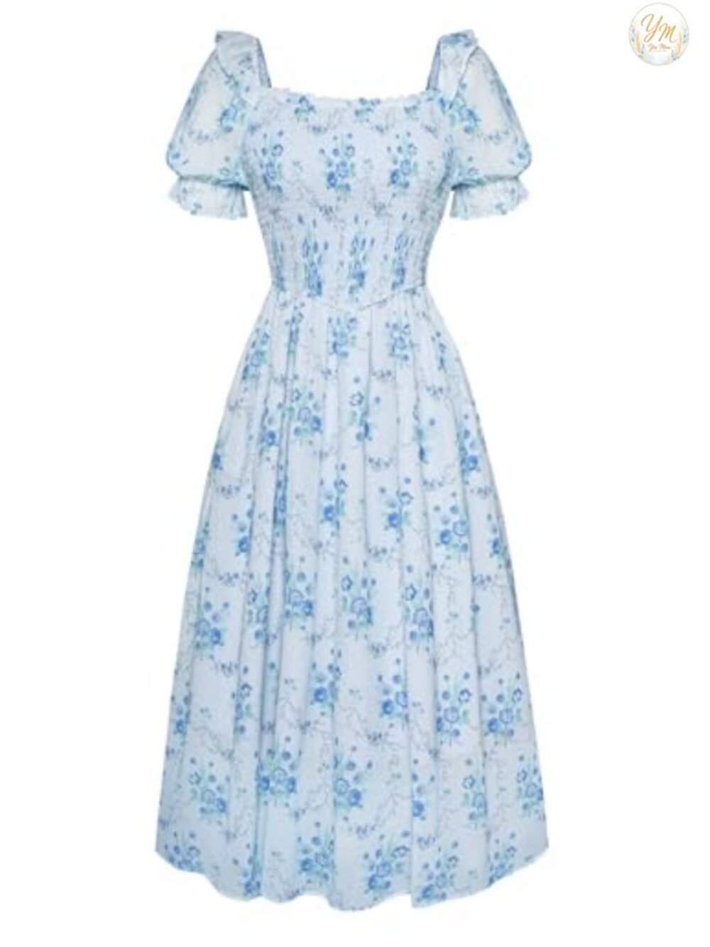 Floral Midi Dress Puff Sleeve Square Neck Smocked Cottagecore